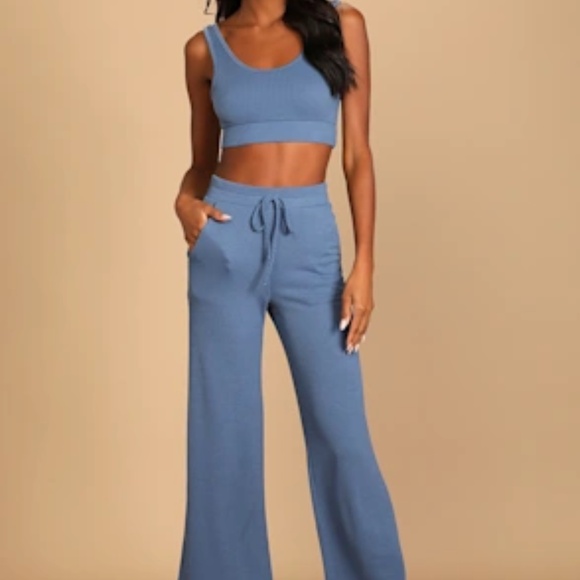 Lulu's Sweet Slumber Denim Blue Ribbed Two-Piece Pajama Set - Picture 1 of 5